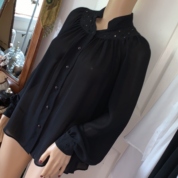 Vtg black mandarin collar eyelet trim France button down Secretary blouse M - Picture 7 of 15